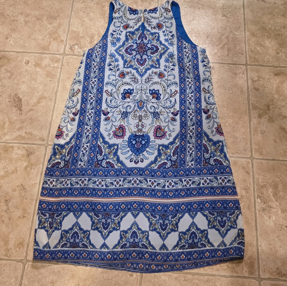 A. BYER Blue Floral Pattern Dress Size Medium Solid Blue Slip Underneath - Picture 2 of 5